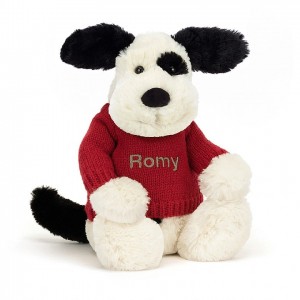 Jellycat Bashful Black & Cream Puppy with Personalised Red Jumper Medium | 634102-DGT