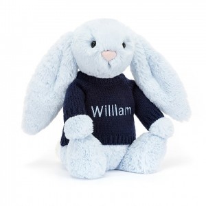 Jellycat Bashful Blue Bunny with Personalised Navy Jumper Medium | 015238-DXG