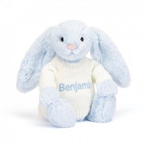 Jellycat Bashful Blue Bunny with Personalised Cream Jumper Medium | 392475-NPC