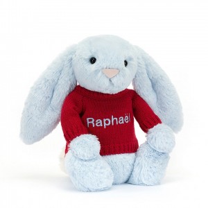 Jellycat Bashful Blue Bunny with Personalised Red Jumper Medium | 763408-YWF