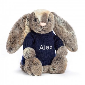 Jellycat Bashful Cottontail Bunny with Personalised Navy Jumper Medium | 103429-ENR