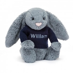 Jellycat Bashful Dusky Blue Bunny with Personalised Navy Jumper Medium | 284519-AHQ