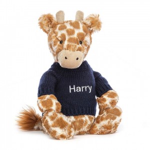 Jellycat Bashful Giraffe with Personalised Navy Jumper Medium | 269750-TLK