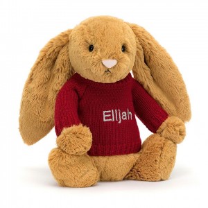 Jellycat Bashful Golden Bunny with Personalised Red Jumper Medium | 091537-CDT