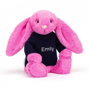 Jellycat Bashful Hot Pink Bunny with Personalised Navy Jumper Medium | 295134-MVO