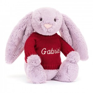 Jellycat Bashful Lilac Bunny with Personalised Red Jumper Medium | 079652-ORK