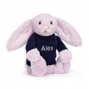 Jellycat Bashful Lilac Bunny with Personalised Navy Jumper Medium | 615804-USG