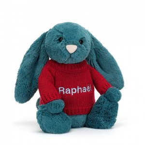 Jellycat Bashful Mineral Blue Bunny with Personalised Red Jumper Medium | 653298-PJX