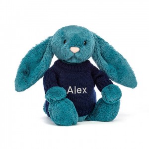 Jellycat Bashful Mineral Blue Bunny with Personalised Navy Jumper Medium | 270583-CNT