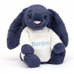 Jellycat Bashful Navy Bunny with Personalised Cream Jumper Medium | 821649-SGK