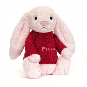 Jellycat Bashful Pink Bunny with Personalised Red Jumper Medium | 423851-MVK