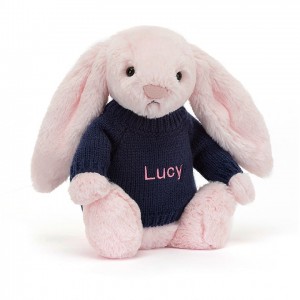 Jellycat Bashful Pink Bunny with Personalised Navy Jumper Medium | 574283-OKQ