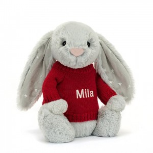 Jellycat Bashful Shimmer Bunny with Personalised Red Jumper Medium | 645798-VBU