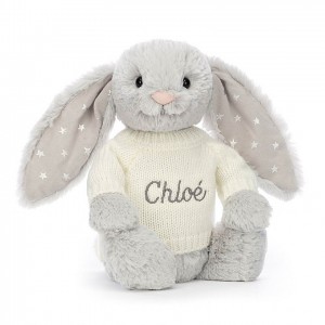 Jellycat Bashful Shimmer Bunny with Personalised Cream Jumper Medium | 316548-VNI