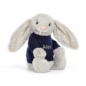 Jellycat Bashful Shimmer Bunny with Personalised Navy Jumper Medium | 879356-TVJ