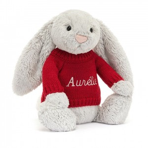 Jellycat Bashful Silver Bunny with Personalised Red Jumper Medium | 712386-CMD