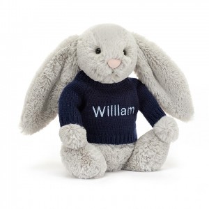 Jellycat Bashful Silver Bunny with Personalised Navy Jumper Medium | 056279-OXH