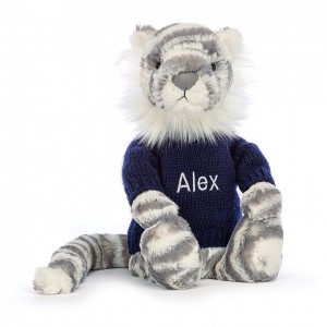 Jellycat Bashful Snow Tiger with Personalised Navy Jumper Medium | 731504-KPW