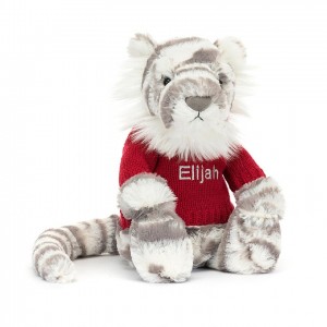 Jellycat Bashful Snow Tiger with Personalised Red Jumper Medium | 694071-VXL