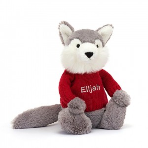 Jellycat Bashful Wolf with Personalised Red Jumper Medium | 768309-WDF