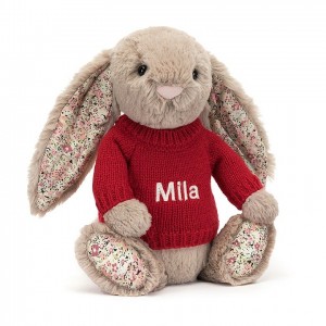 Jellycat Blossom Bea Beige Bunny with Personalised Red Jumper Medium | 285041-SYM