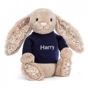 Jellycat Blossom Bea Beige Bunny with Personalised Navy Jumper Medium | 934826-IDZ