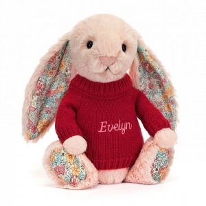 Jellycat Blossom Blush Bunny with Personalised Red Jumper Medium | 256874-UBW