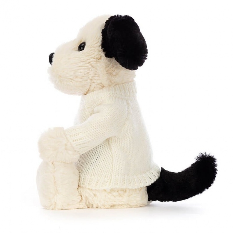 Jellycat Bashful Black & Cream Puppy with Personalised Cream Jumper Medium | 029318-TEB