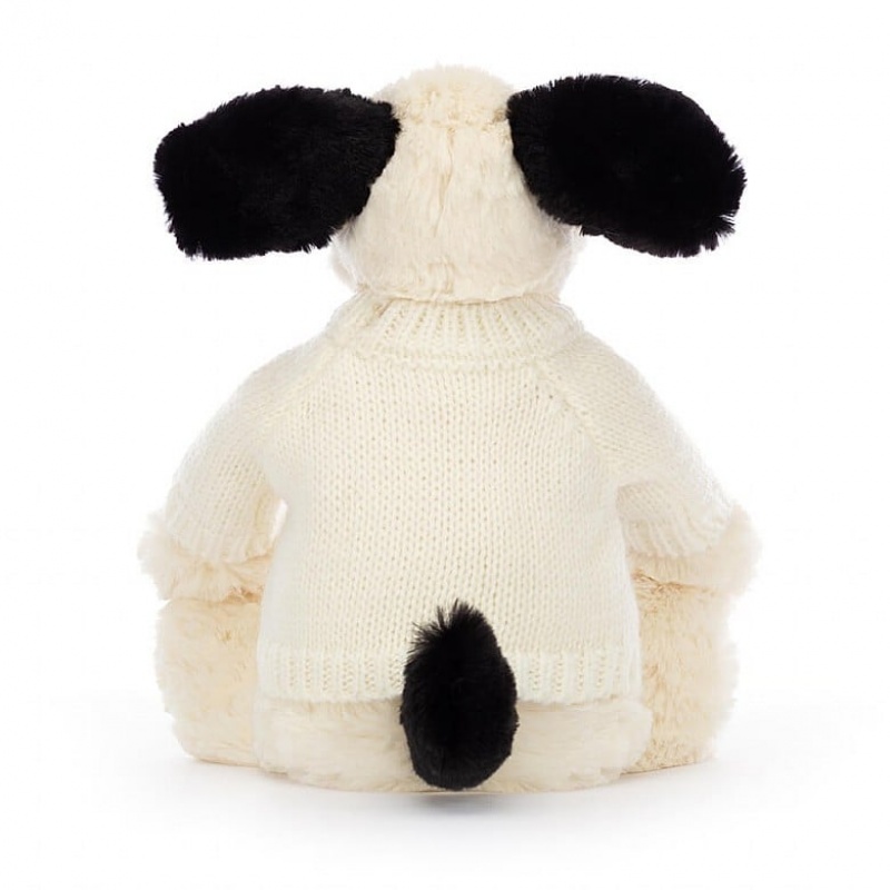 Jellycat Bashful Black & Cream Puppy with Personalised Cream Jumper Medium | 029318-TEB