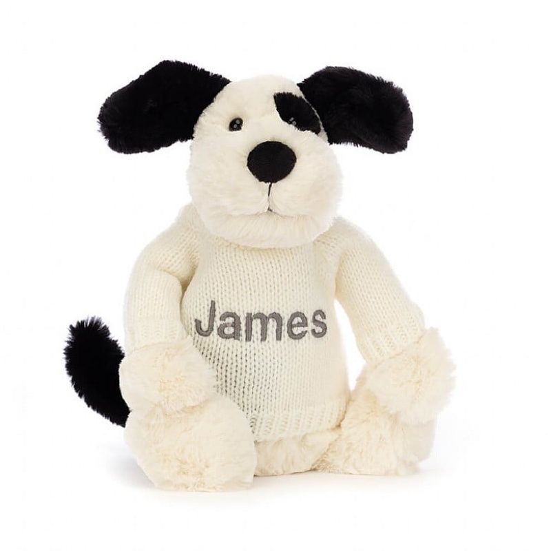 Jellycat Bashful Black & Cream Puppy with Personalised Cream Jumper Medium | 029318-TEB