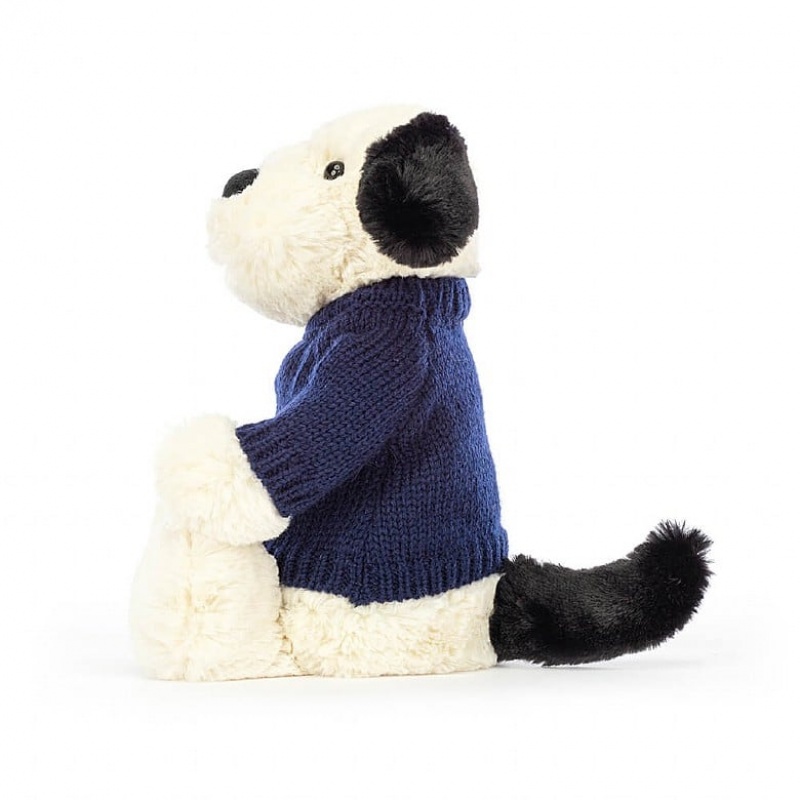 Jellycat Bashful Black & Cream Puppy with Personalised Navy Jumper Medium | 053274-XFS