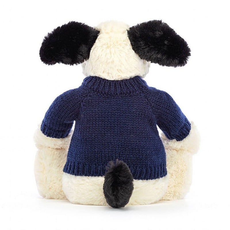 Jellycat Bashful Black & Cream Puppy with Personalised Navy Jumper Medium | 053274-XFS