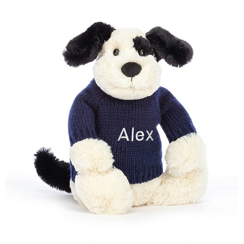 Jellycat Bashful Black & Cream Puppy with Personalised Navy Jumper Medium | 053274-XFS