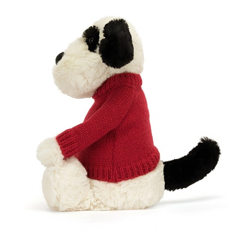 Jellycat Bashful Black & Cream Puppy with Personalised Red Jumper Medium | 804971-IKT