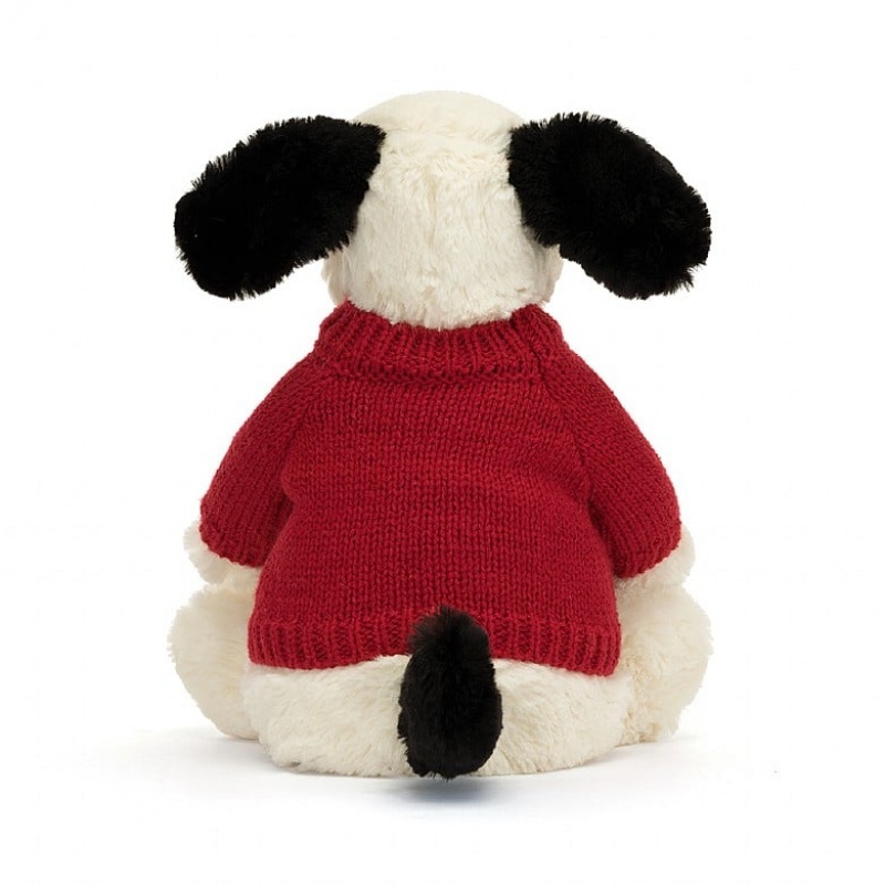 Jellycat Bashful Black & Cream Puppy with Personalised Red Jumper Medium | 804971-IKT