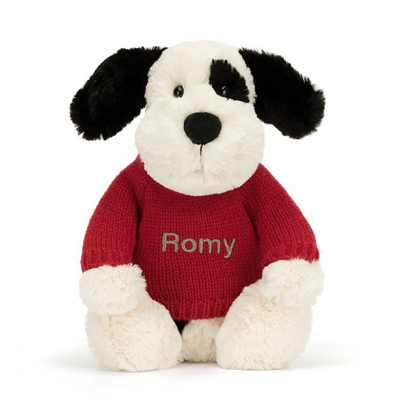 Jellycat Bashful Black & Cream Puppy with Personalised Red Jumper Medium | 804971-IKT