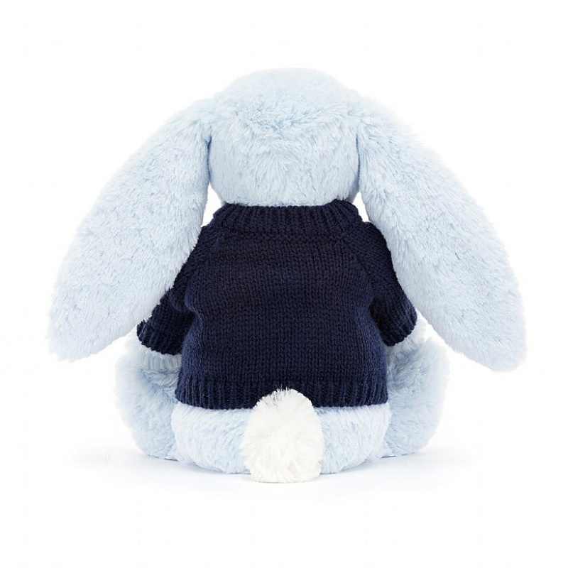 Jellycat Bashful Blue Bunny with Personalised Navy Jumper Medium | 015238-DXG