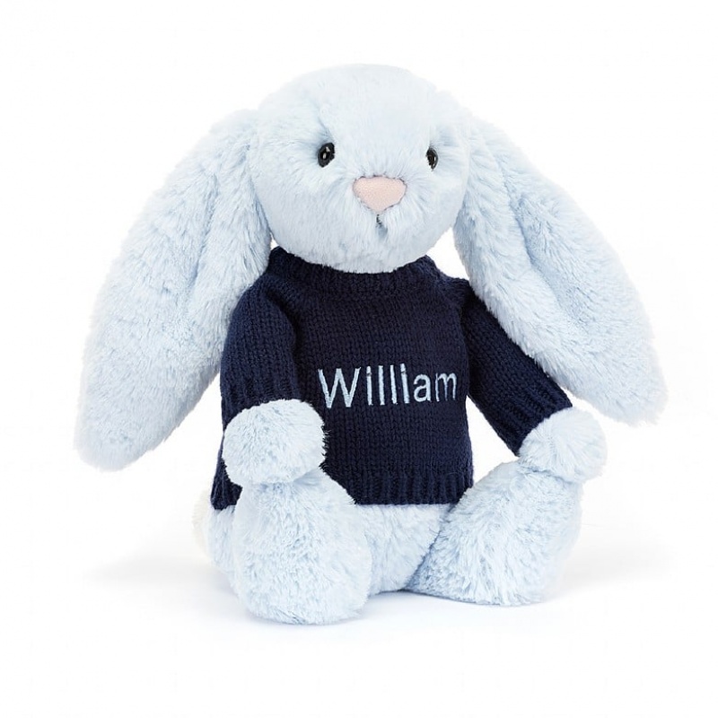 Jellycat Bashful Blue Bunny with Personalised Navy Jumper Medium | 148379-HOI