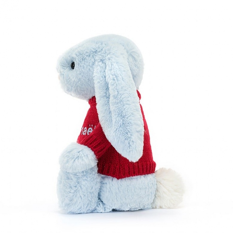 Jellycat Bashful Blue Bunny with Personalised Red Jumper Medium | 763408-YWF