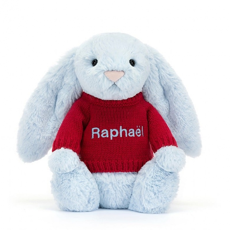 Jellycat Bashful Blue Bunny with Personalised Red Jumper Medium | 763408-YWF