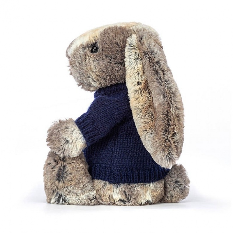 Jellycat Bashful Cottontail Bunny with Personalised Navy Jumper Medium | 417908-ULR