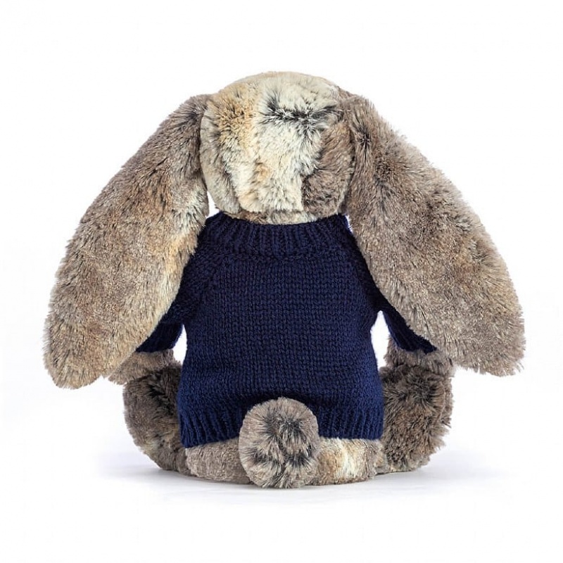 Jellycat Bashful Cottontail Bunny with Personalised Navy Jumper Medium | 417908-ULR