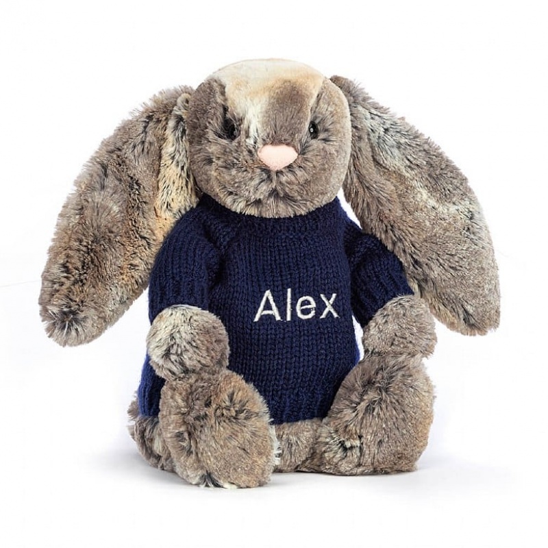 Jellycat Bashful Cottontail Bunny with Personalised Navy Jumper Medium | 417908-ULR