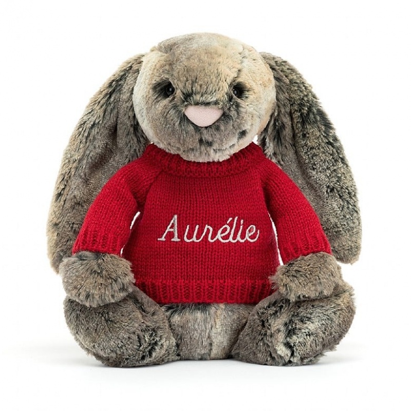 Jellycat Bashful Cottontail Bunny with Personalised Red Jumper Medium | 581043-CUG