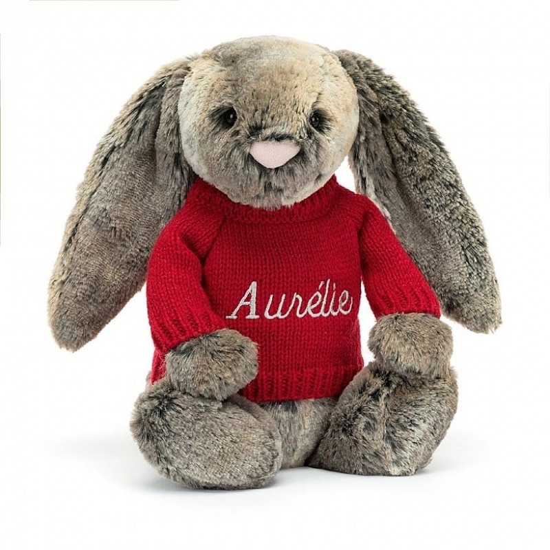 Jellycat Bashful Cottontail Bunny with Personalised Red Jumper Medium | 581043-CUG