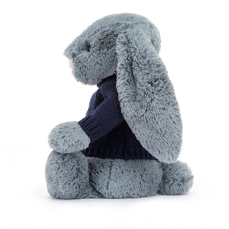 Jellycat Bashful Dusky Blue Bunny with Personalised Navy Jumper Medium | 715863-PZJ