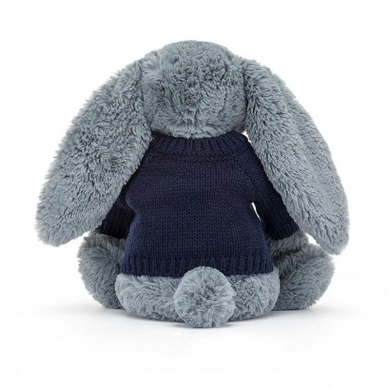 Jellycat Bashful Dusky Blue Bunny with Personalised Navy Jumper Medium | 715863-PZJ