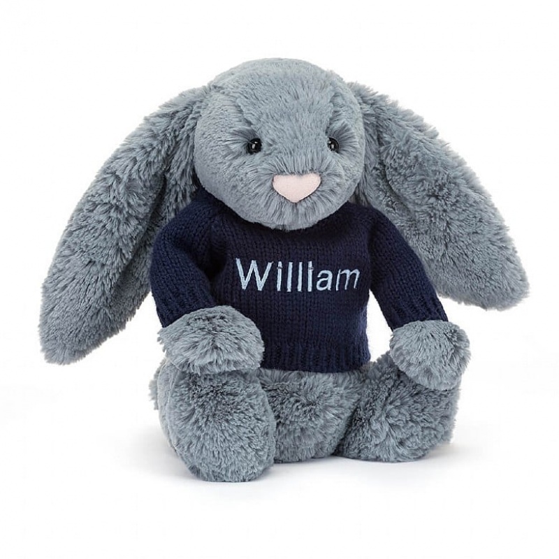 Jellycat Bashful Dusky Blue Bunny with Personalised Navy Jumper Medium | 715863-PZJ