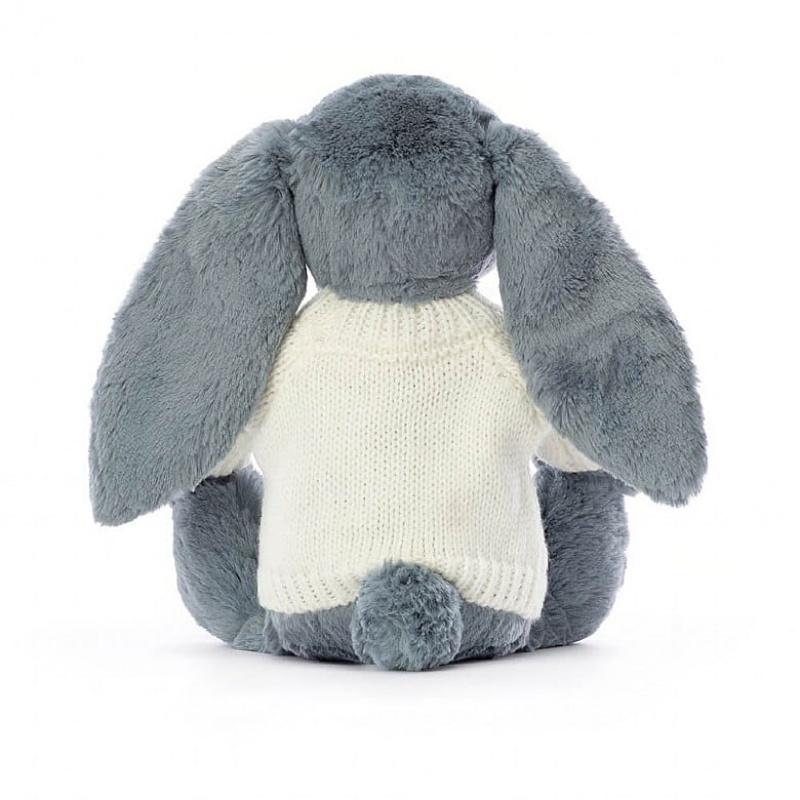 Jellycat Bashful Dusky Blue Bunny with Personalised Cream Jumper Medium | 594206-KSL