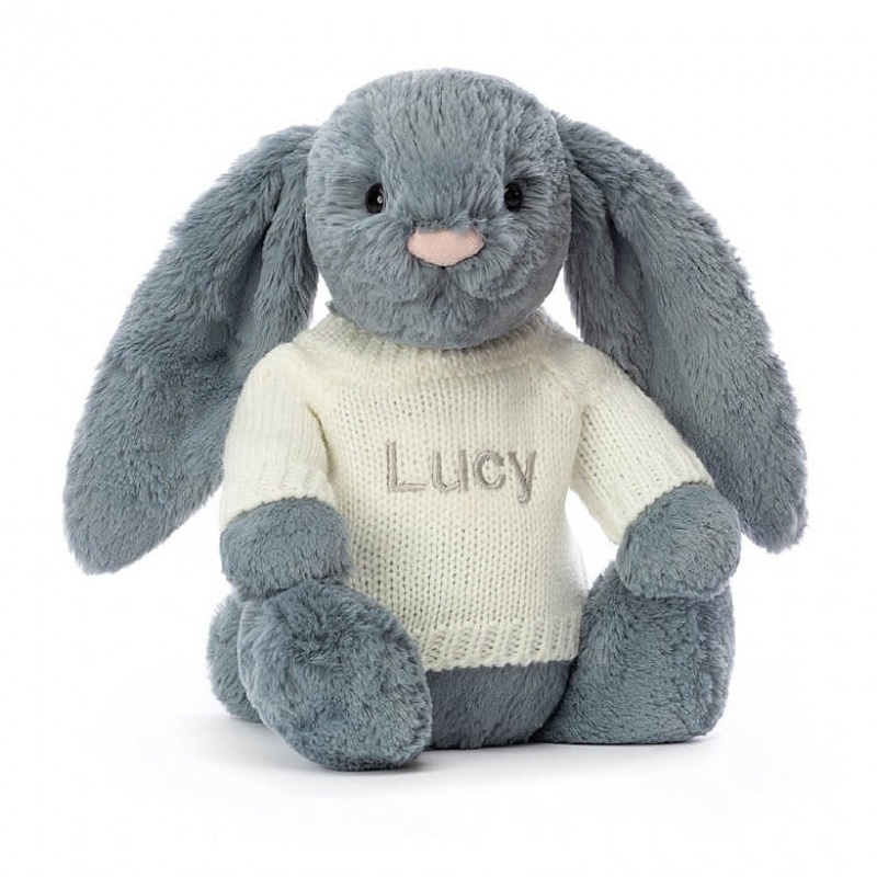 Jellycat Bashful Dusky Blue Bunny with Personalised Cream Jumper Medium | 594206-KSL